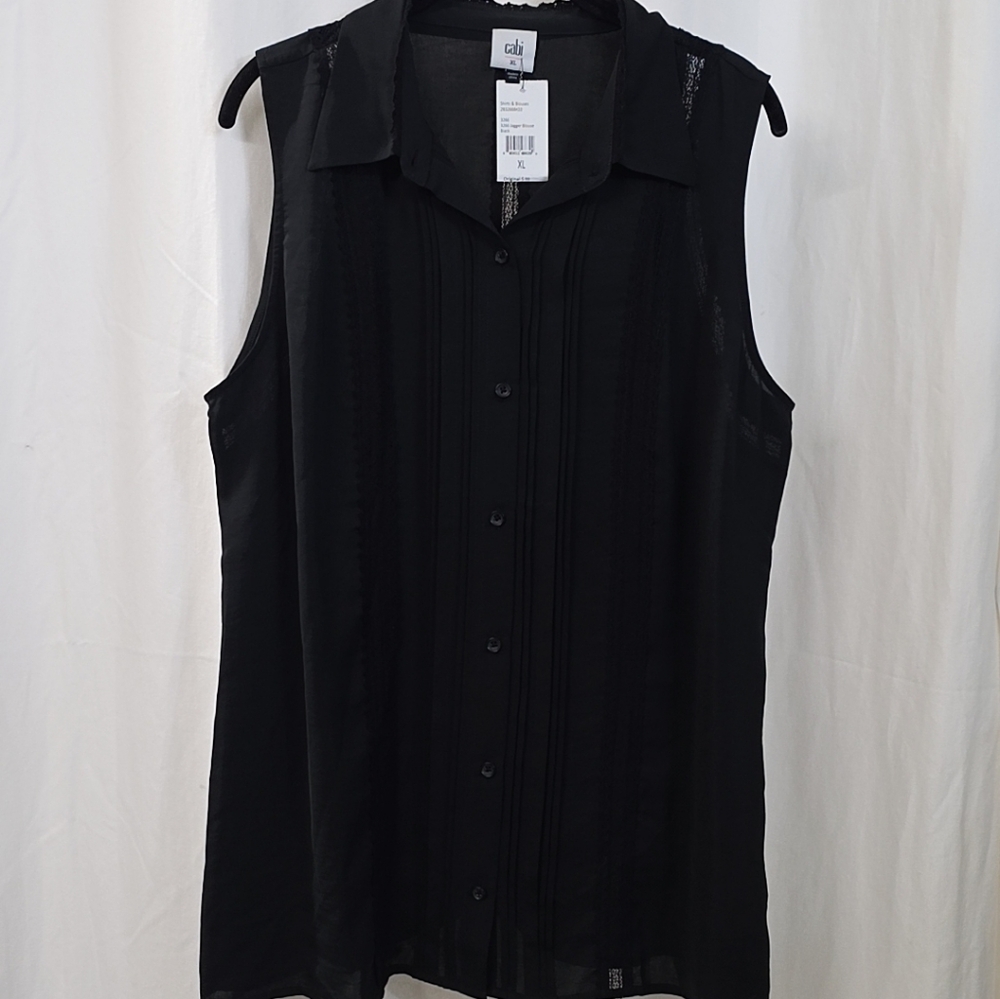 Cabi XL Sheer Georgette Sleeveless Black Button-Up Lace Inset Pintuck Blouse Top